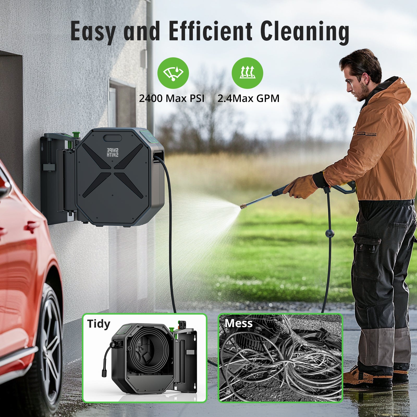 Aspiron SI-TH011 Wall-Mounted Pressure Washer, Pressure Washer, Remote Controlled Power Washer with 100ft Replaceable & Retractable Reel