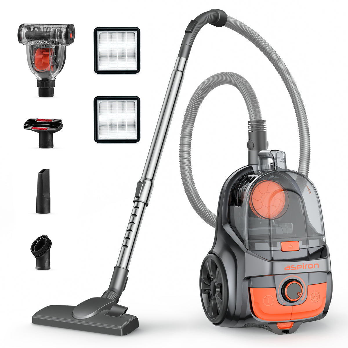 Aspiron CA006 Canister Vacuum, Upgraded 1600W Bagless Canister Vacuum Cleaner, Auto Cord Rewind, H13 HEPA Filter, 3.7Qt Large Capacity, 5 Tools for Hard Floors, Carpet, Pet, Upholstery, Tiles, Persimmon Visit the Aspiron Store