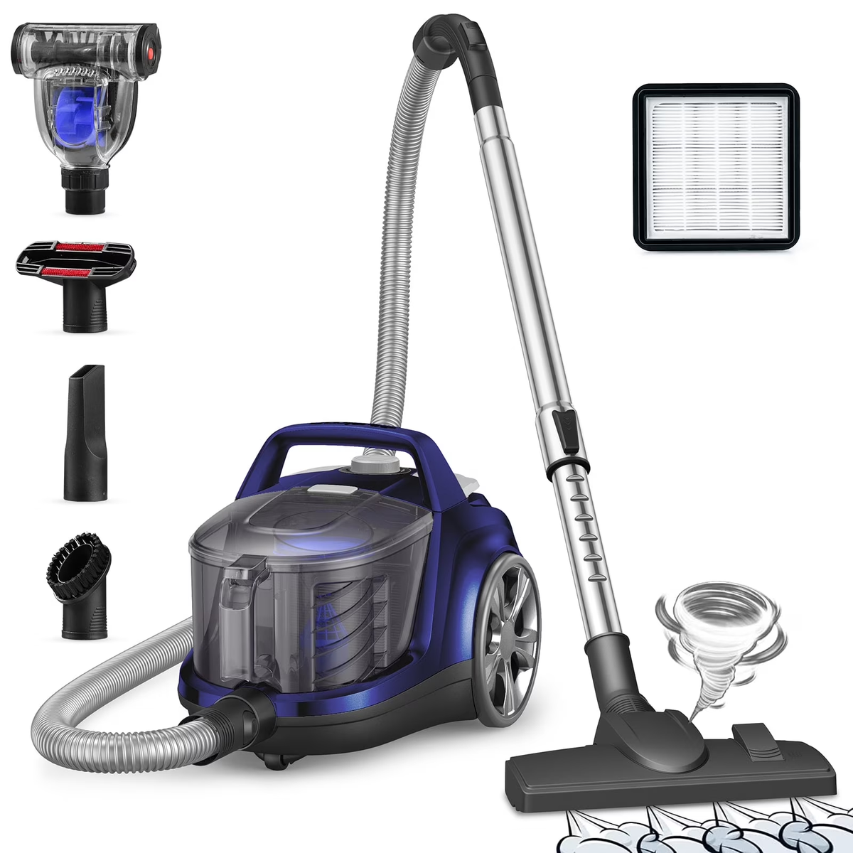 TaoTronics Canister Vacuum Cleaner, 30Kpa Powerful Suction, Bagless with 3.7QT Large Dust Cup, Auto Cord Rewind, HEPA Filter, 5 Attachments, Lightweight Vacuum for Pet Hair, Hard Floors & Car WM
