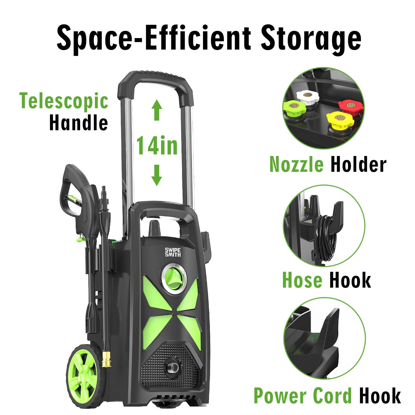 Aspiron SI-TH003 Power Washer Machine with Hose Reel, 4 Quick Connect Nozzles, Foam Cannon, for Cars, Patios, and Floor Cleaning