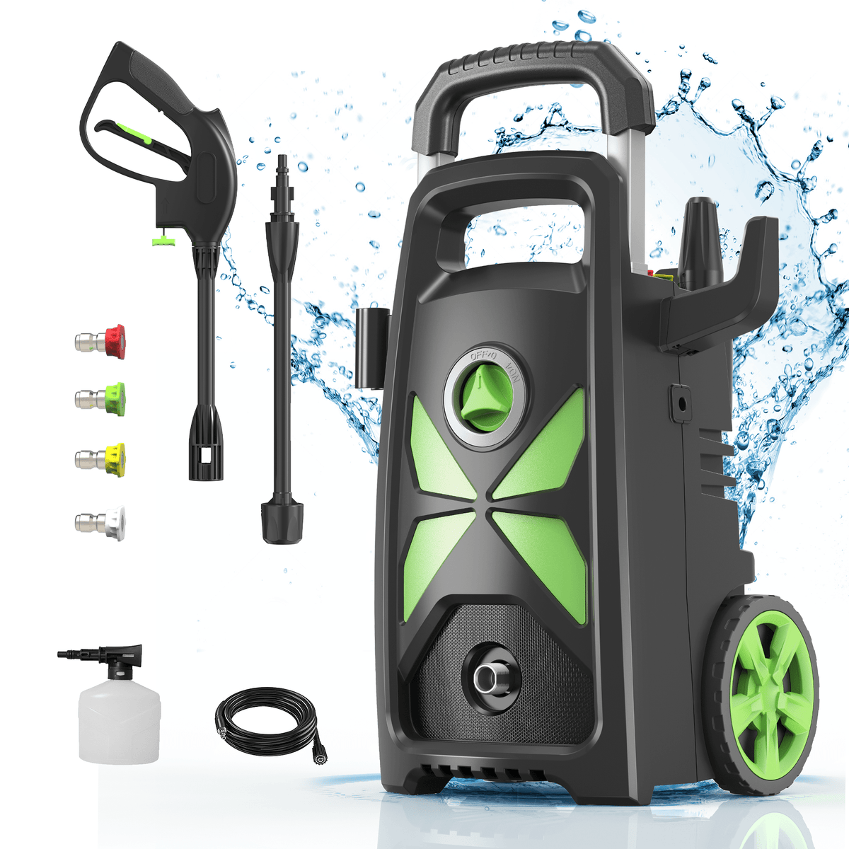 Aspiron SI-TH003 Power Washer Machine with Hose Reel, 4 Quick Connect Nozzles, Foam Cannon, for Cars, Patios, and Floor Cleaning