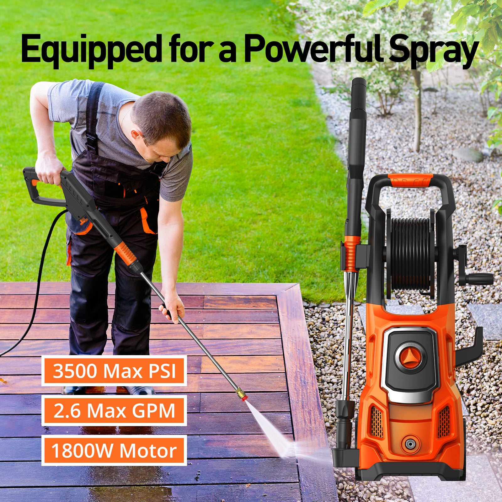Aspiron 1800W 2.6 GPM Power Pressure Washer TH002, 3800 Max PSI Electric Pressure Washer,  Hose Reel, 4 Quick Connect Nozzles