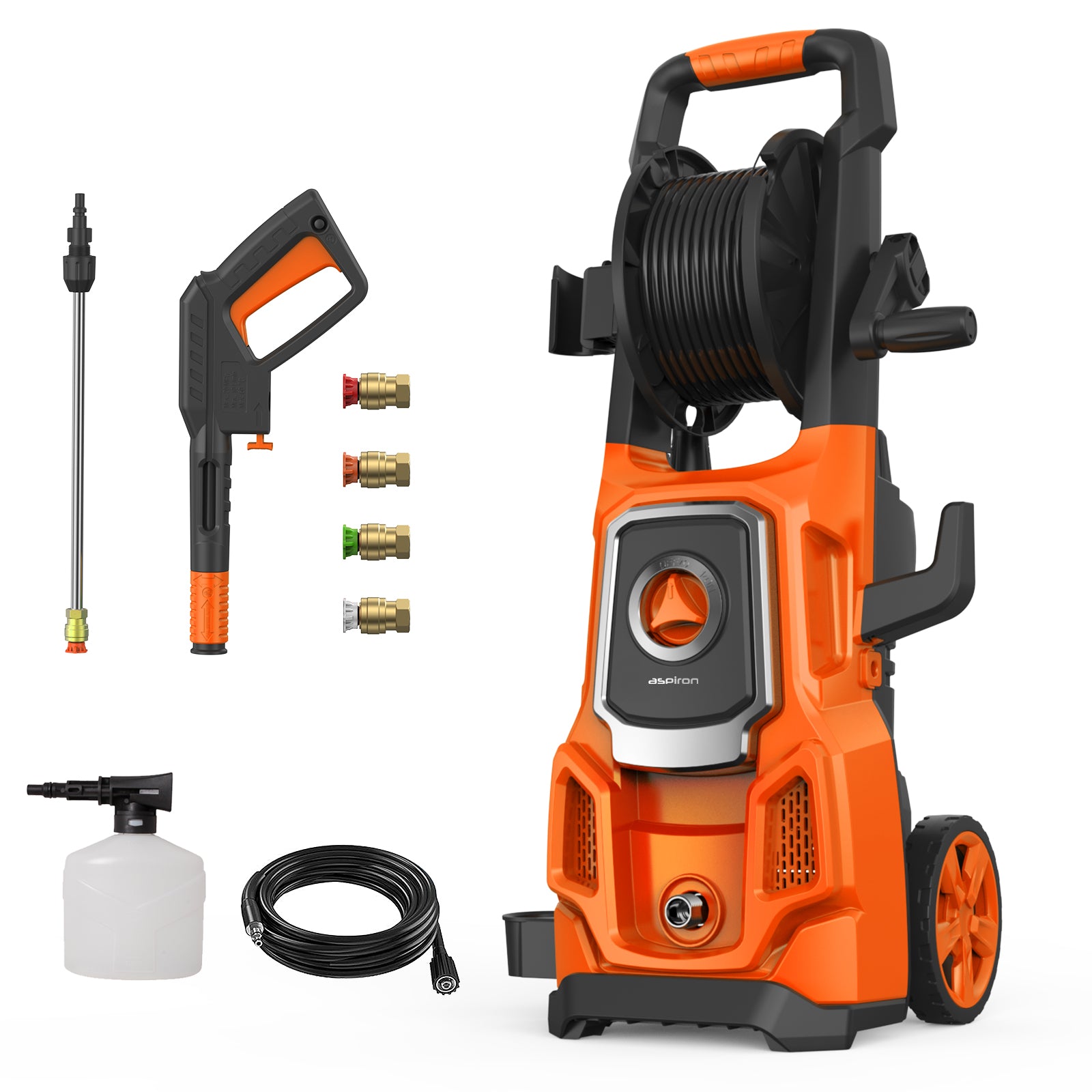 Aspiron 1800W 2.6 GPM Power Pressure Washer TH002, 3800 Max PSI Electric Pressure Washer,  Hose Reel, 4 Quick Connect Nozzles