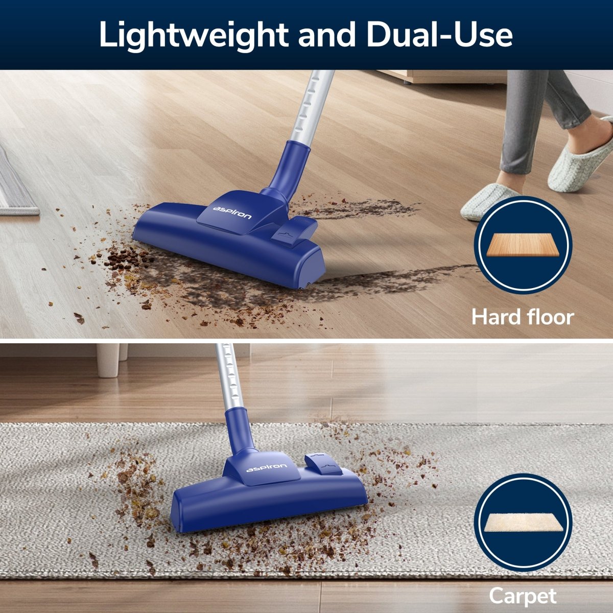 Lightweight and can be used on both hardwood floors and carpets.