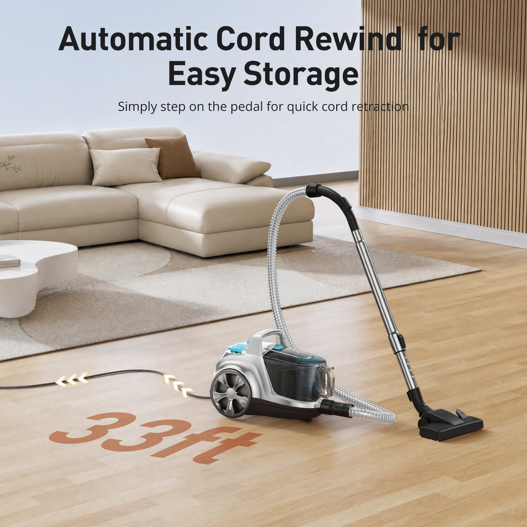 Orgtoy Canister Vacuum Cleaner, Upgraded 1600W Bagless Canister Vacuum Auto Cord Rewind, Brushless Motor, 4QT Dust Cup, HEPA Filter, 5 Tools for Hard Floors, Carpet, Pet, Upholstery, Tiles