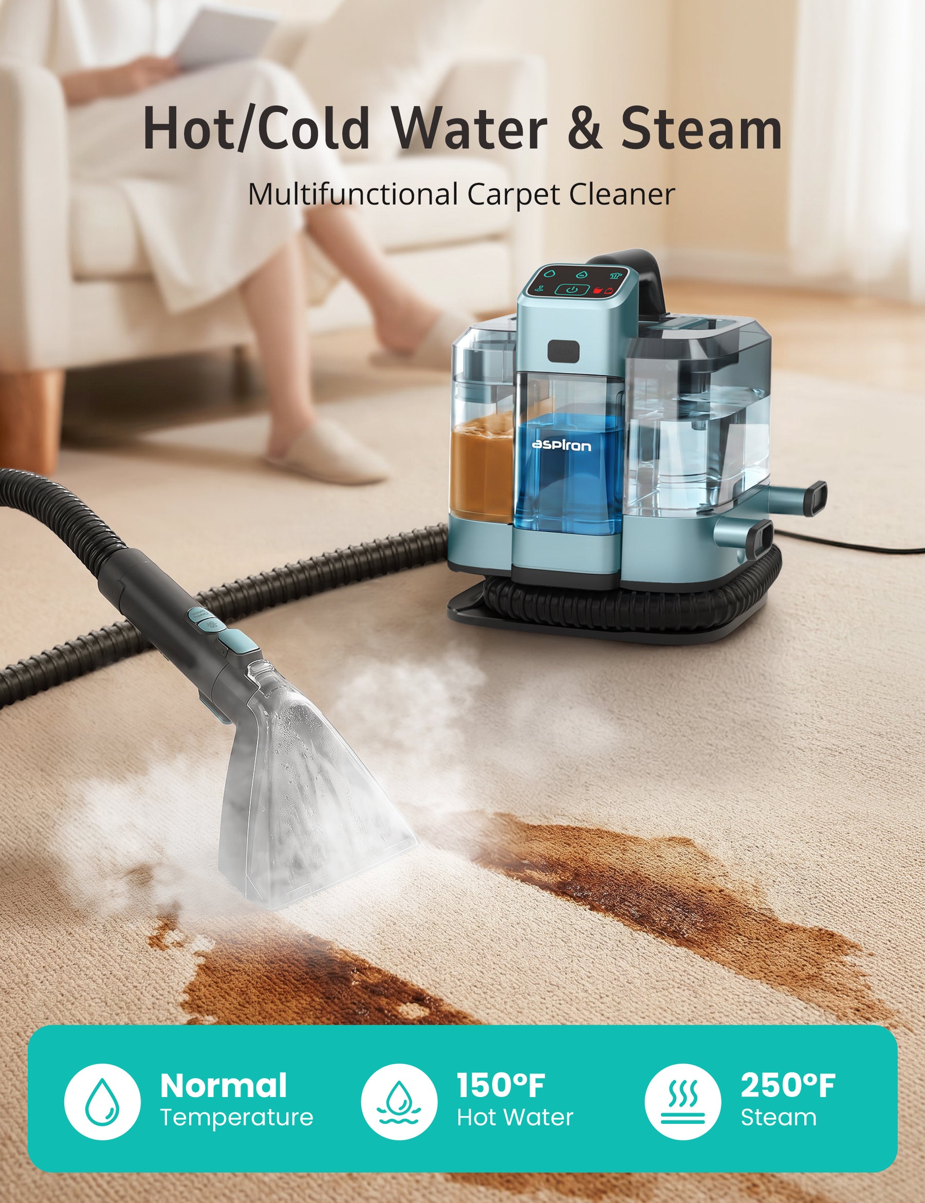 Aspiron CA052 20KPA/1600W Multifunctional Carpet Cleaner Machine,Professional Steam Cleaner,9 Brushes, 1.7L Water Tank,300 ML Cleaning Solution, 5M Cord,for Carpet,Sofa,Pet Stains,Mattress,Furniture,Car