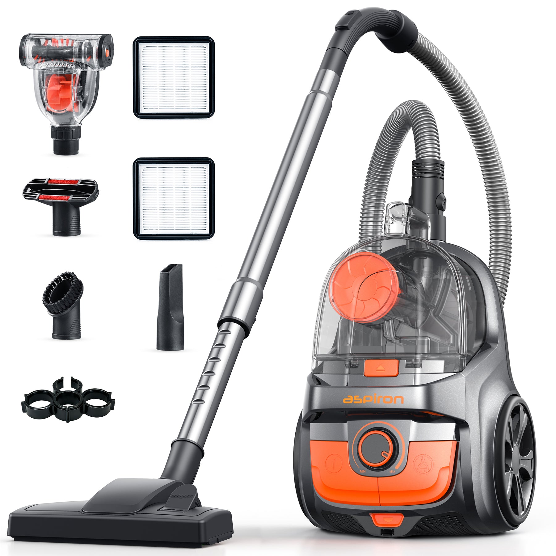 Aspiron CA006 Canister Vacuum Cleaner, 40Kpa Bagless Vacuum Cleaners, 4QT Large Dust Cup, Double HEPA Filter, Retractable Cord, 1600W Lightweight Vacuum Cleaner with 5 Tools for Hard Floors