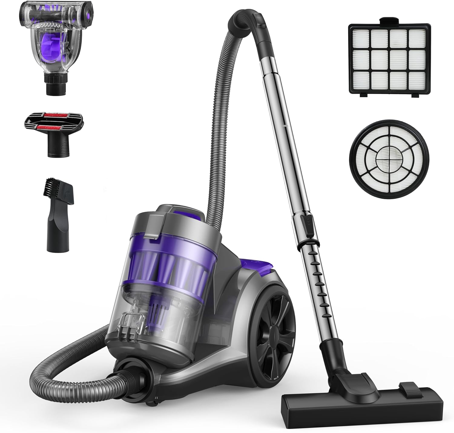 Aspiron CA033 1700W Canister Vacuum Cleaner, 32Kpa Bagless Vacuum Cleaner, Multi-Cyclonic Filtration, 2 Anti-Allergen HEPA Filters, 3.5QT Dust Cup, 4 Tools, Corded Vacuum for Hard Floor, Pet Hair