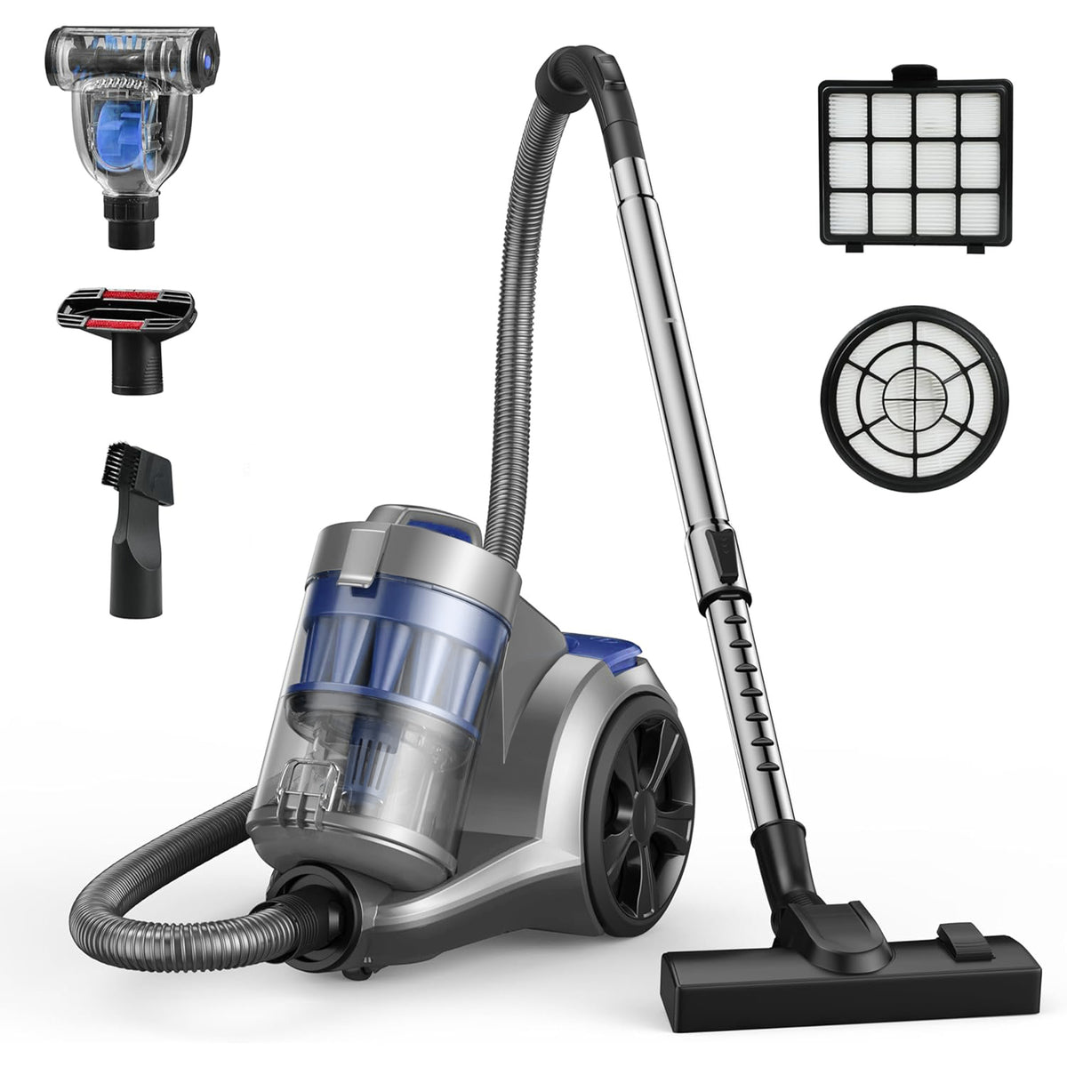 Aspiron CA033 1700W Canister Vacuum Cleaner, 32Kpa Bagless Vacuum Cleaner, Multi-Cyclonic Filtration, 2 Anti-Allergen HEPA Filters, 3.5QT Dust Cup, 4 Tools, Corded Vacuum for Hard Floor, Pet Hair