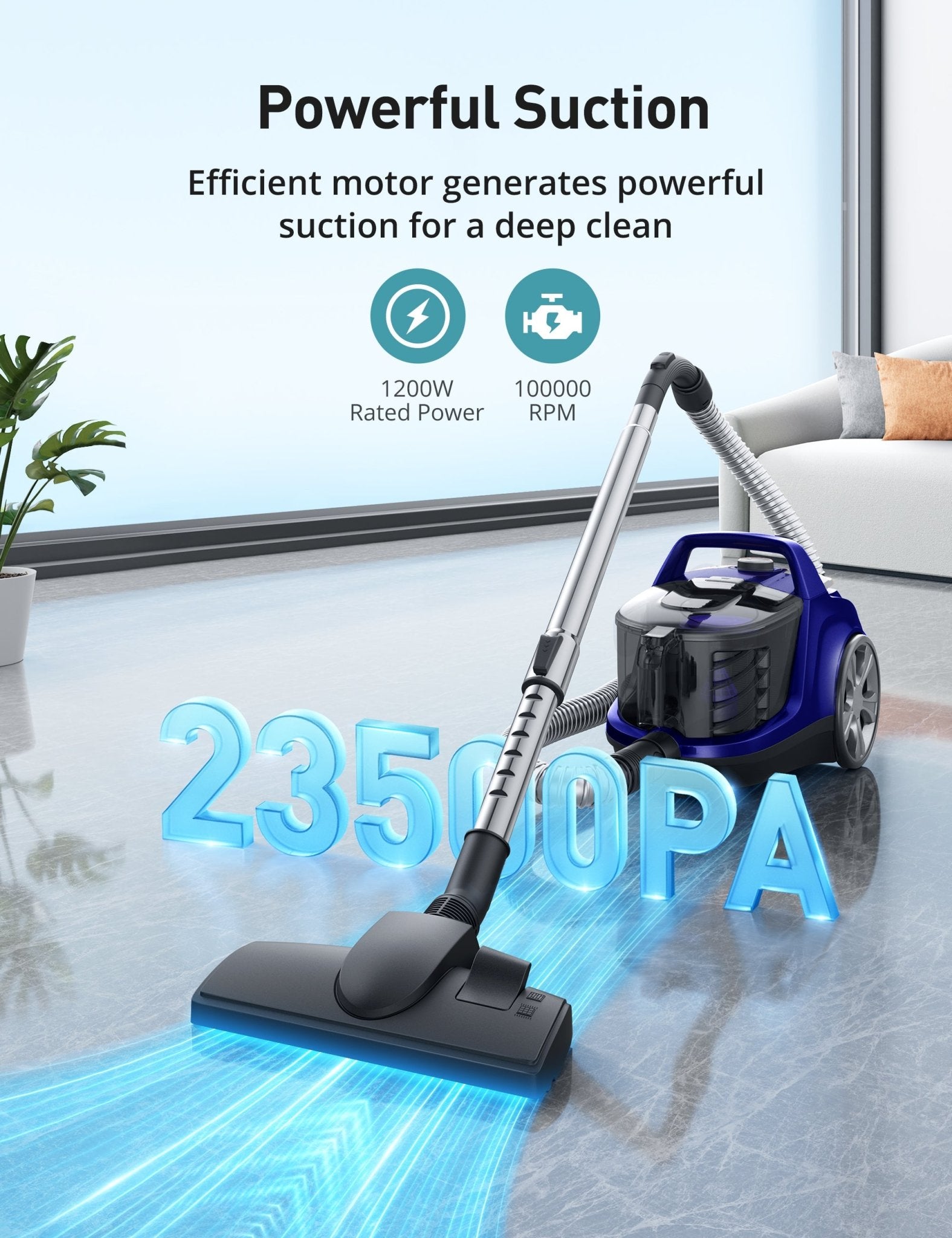 Aspiron® 1200W Bagless Vacuum Cleaner CA006, 3.7QT Capacity, Blue