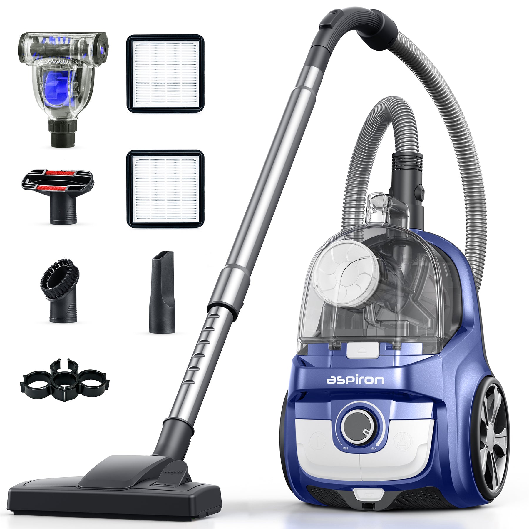 Aspiron CA006 Canister Vacuum Cleaner, 40Kpa Bagless Vacuum Cleaners, 4QT Large Dust Cup, Double HEPA Filter, Retractable Cord, 1600W Lightweight Vacuum Cleaner with 5 Tools for Hard Floors