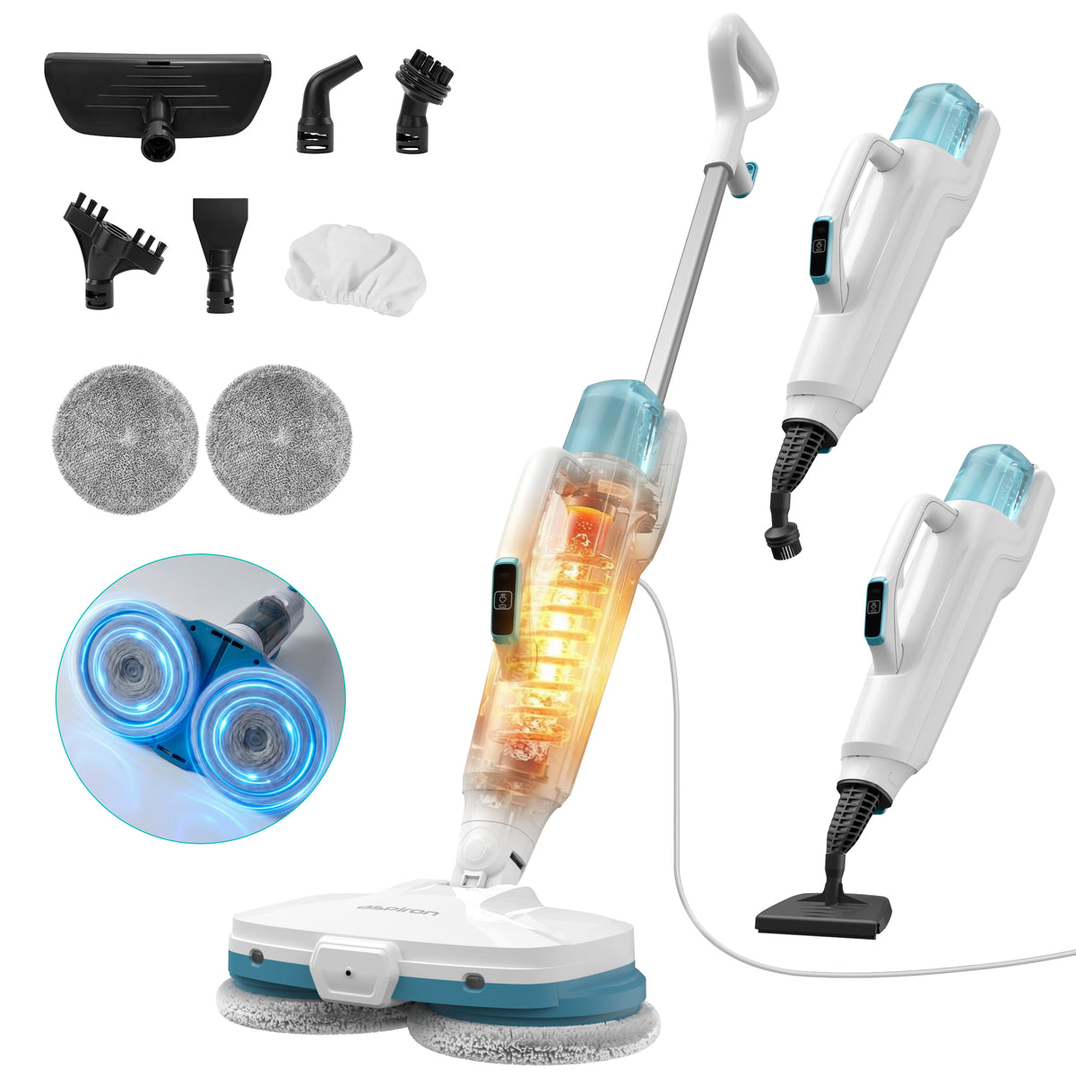 CA053 Steam & Scrub Mop,2-in-1 Multifunctional Spin Steam Mop & Handheld Steamer,15s Heat-up,Led Light,Removable 500ML Water Tank,8 Accessories,2 Modes,4M Cord,Carpets,Floors,Cars,Tiles,Crack