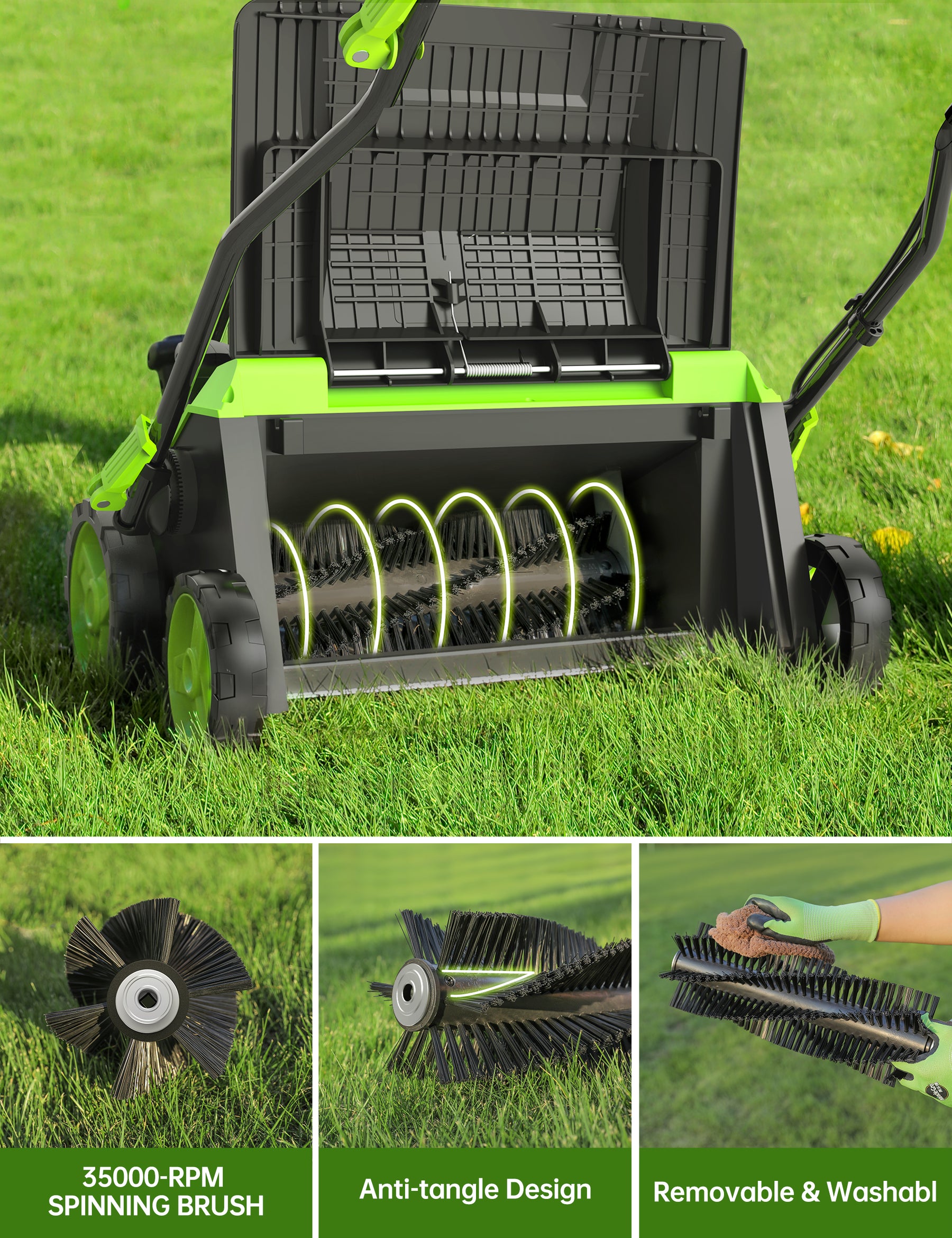 Aspiron GH002 16” Artificial Turf Sweeper 2000W Artificial Turf Vacuum 15Amp Grass Sweeper Yard Power Brush with 55L Removable Leaf Collection Bag, Quick-Fold, Keeps Clear Sweepy Box
