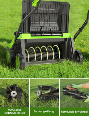 Aspiron GH002 16” Artificial Turf Sweeper 2000W Artificial Turf Vacuum 15Amp Grass Sweeper Yard Power Brush with 55L Removable Leaf Collection Bag, Quick-Fold, Keeps Clear Sweepy Box