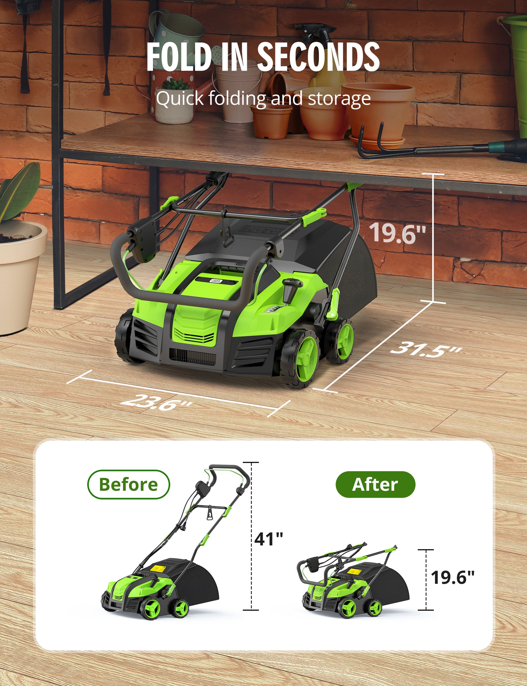 Aspiron GH002 16” Artificial Turf Sweeper 2000W Artificial Turf Vacuum 15Amp Grass Sweeper Yard Power Brush with 55L Removable Leaf Collection Bag, Quick-Fold, Keeps Clear Sweepy Box