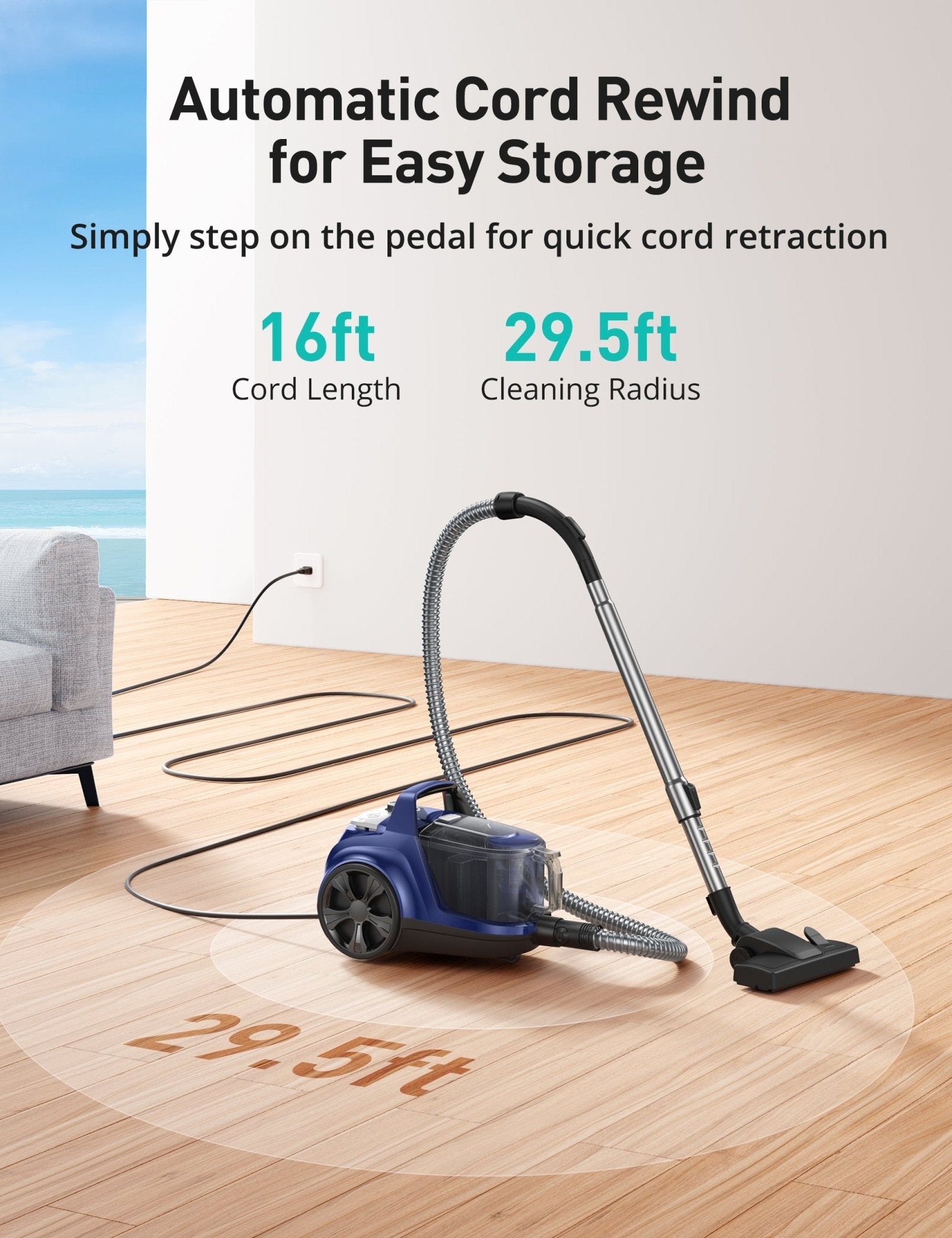 Aspiron® 1200W Bagless Vacuum Cleaner CA006, 3.7QT Capacity, Blue