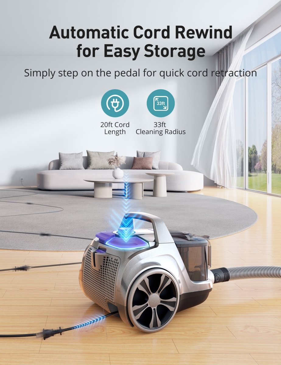 automatic cord rewind for easy storage