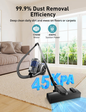 Aspiron CA033 1700W Canister Vacuum Cleaner, 45Kpa Bagless Vacuum Cleaner, Multi-Cyclonic Filtration, 2 Anti-Allergen HEPA Filters, 3.5QT Dust Cup, 4 Tools, Corded Vacuum for Hard Floor, Pet Hair