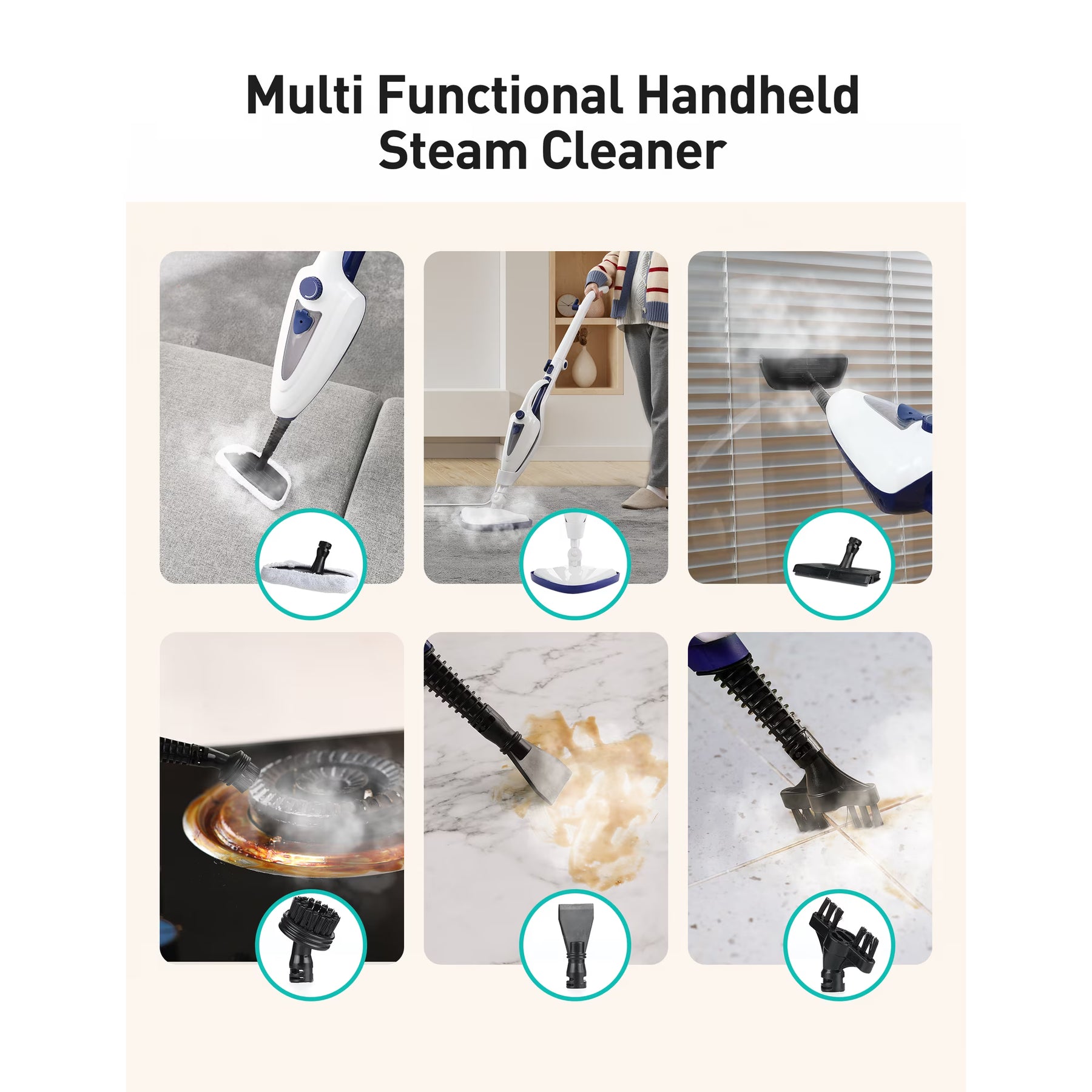 Steam Mop 12-in-1, 1500W Detachable Handheld Steam Cleaner, Fast 15s Heat-Up, 2 Dirt Grip Pads, Removes 99.99% Stubborn Stains for Hardwood Floors, Clothes, Windows, Tiles, Furniture, Blue