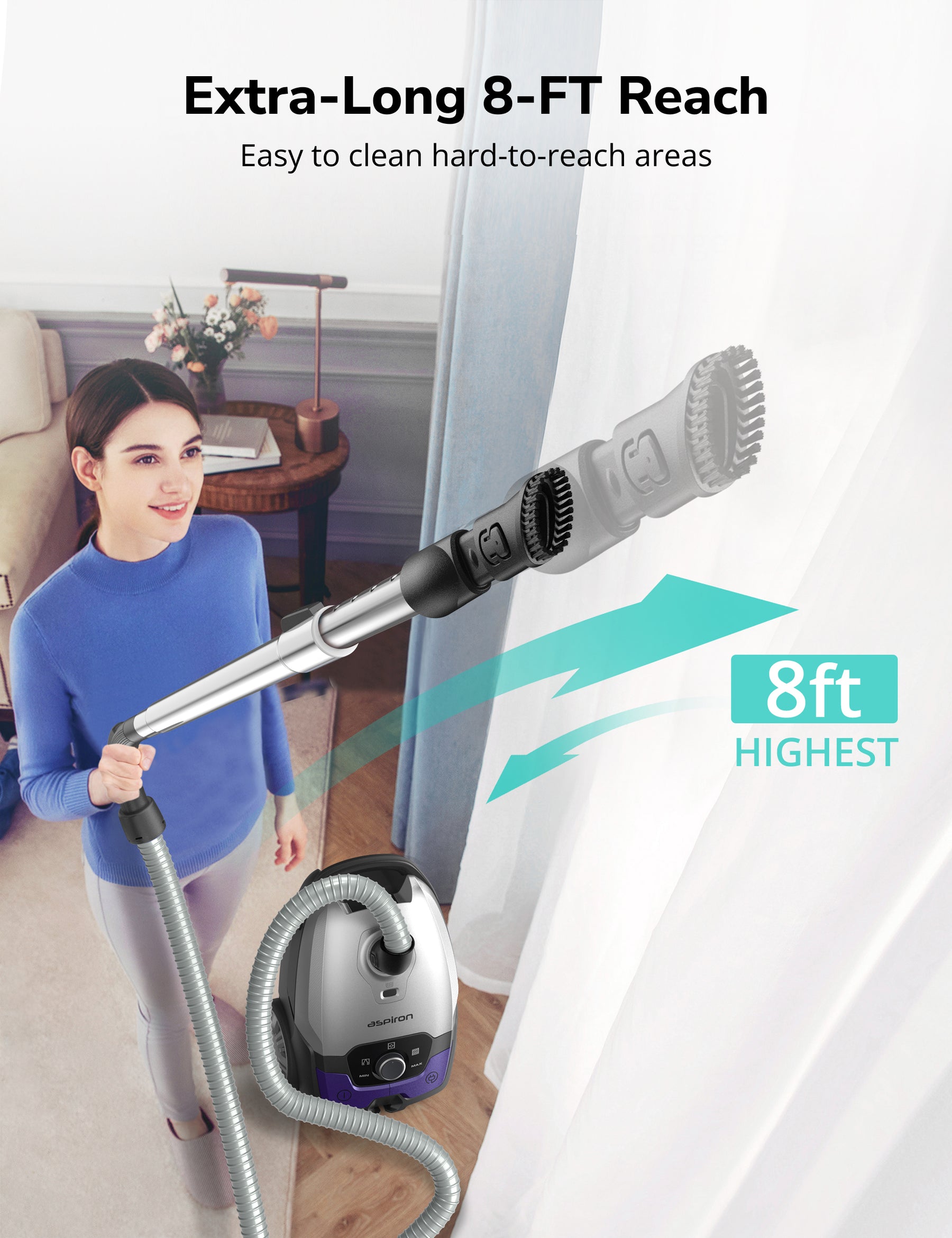 Aspiron Bagless Canister Vacuum Cleaner AS-CA040 5L Dust Bag, Easy to Push,