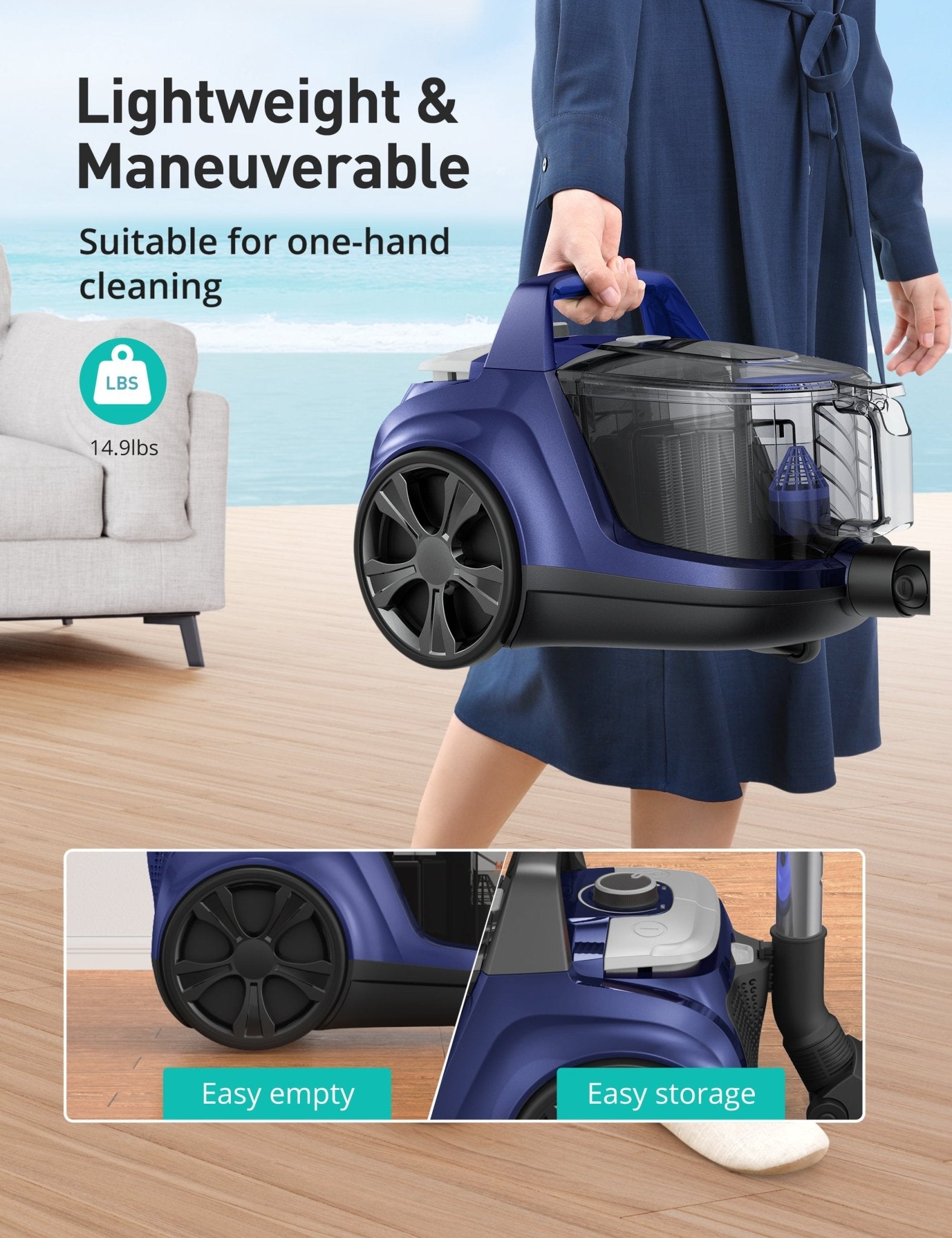 Aspiron® 1200W Bagless Vacuum Cleaner CA006, 3.7QT Capacity, Blue
