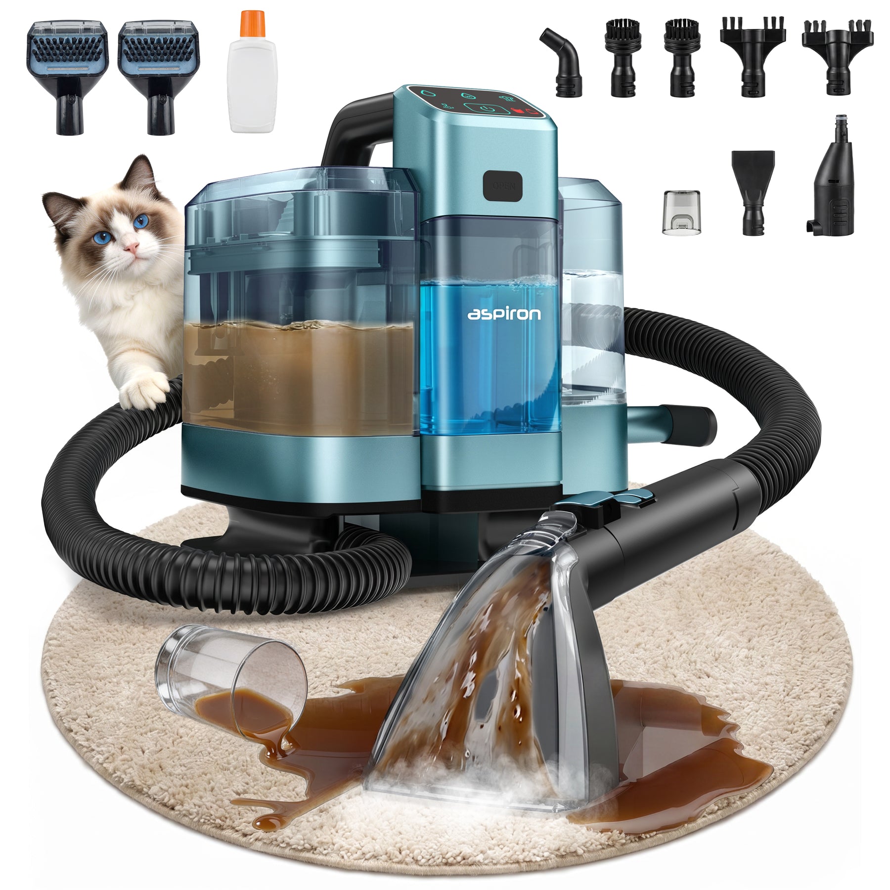 Aspiron AS-CA053 Polsterreiniger Gerät, 3-in-1 Dampfreiniger mit Heiß-/Kaltwasser- und Dampfwäsche, 300 ML Teppichreiniger, Nasssauger für Teppich Sofa Auto Matratze, Waschsauger für Haustierbesitzer Familien