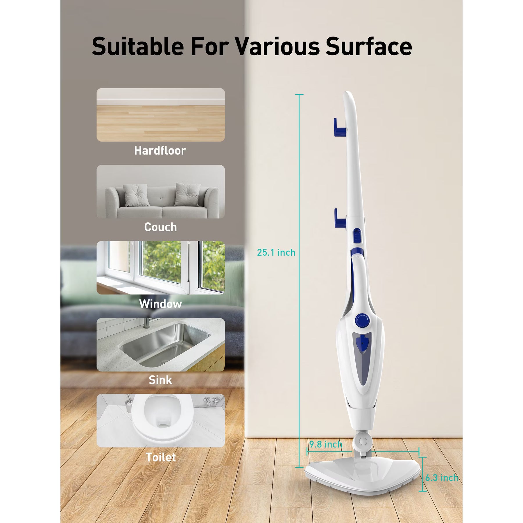 Steam Mop 12-in-1, 1500W Detachable Handheld Steam Cleaner, Fast 15s Heat-Up, 2 Dirt Grip Pads, Removes 99.99% Stubborn Stains for Hardwood Floors, Clothes, Windows, Tiles, Furniture, Blue