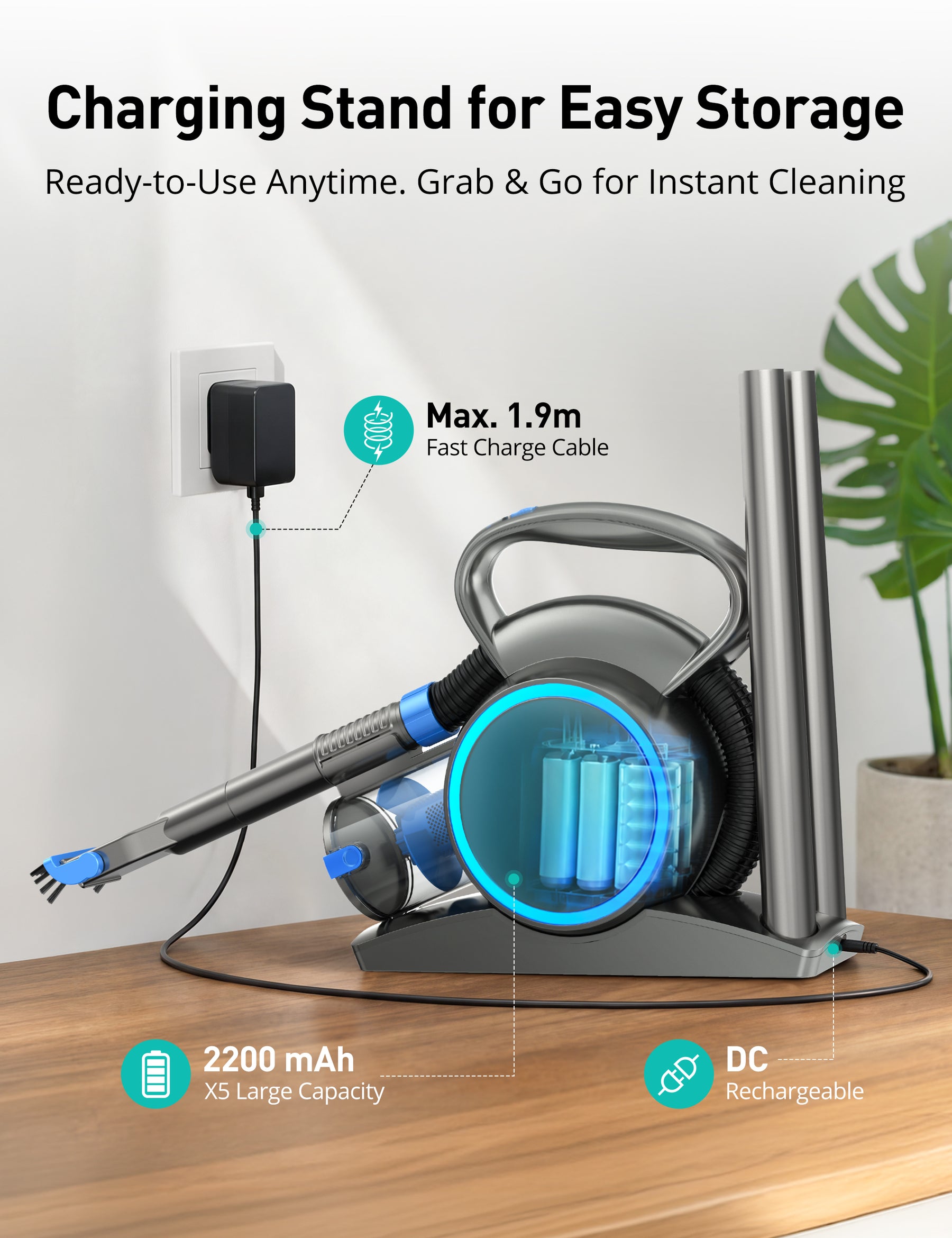 Aspiron CA054 Handheld Vacuum,Portable Vacuum with Crossbody Strap, 2 Suction,Easy Cleaning Design, Charging Base, 2.5FT Extended Hose & 2FT Rod, 600ML Dust Cup, HEPA Filter, for Home, Pet Hair, Car, Gap