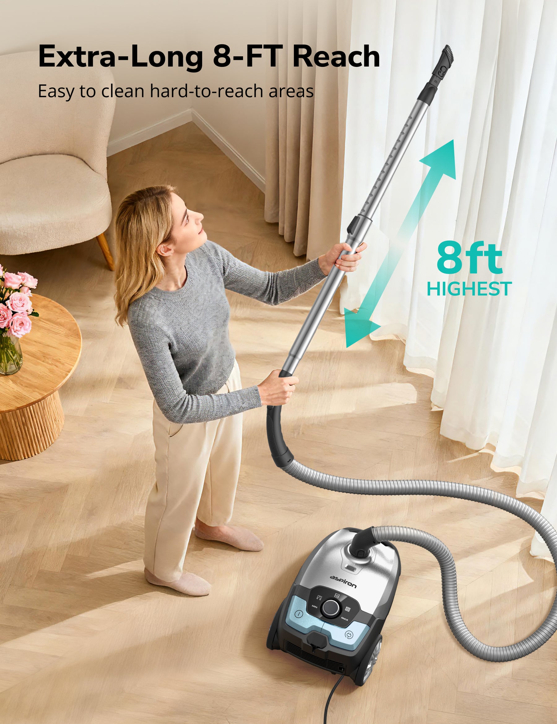 CA040 Aspiron Bagless Canister Vacuum Cleaner AS-CA040 5L Dust Bag, Easy to Push