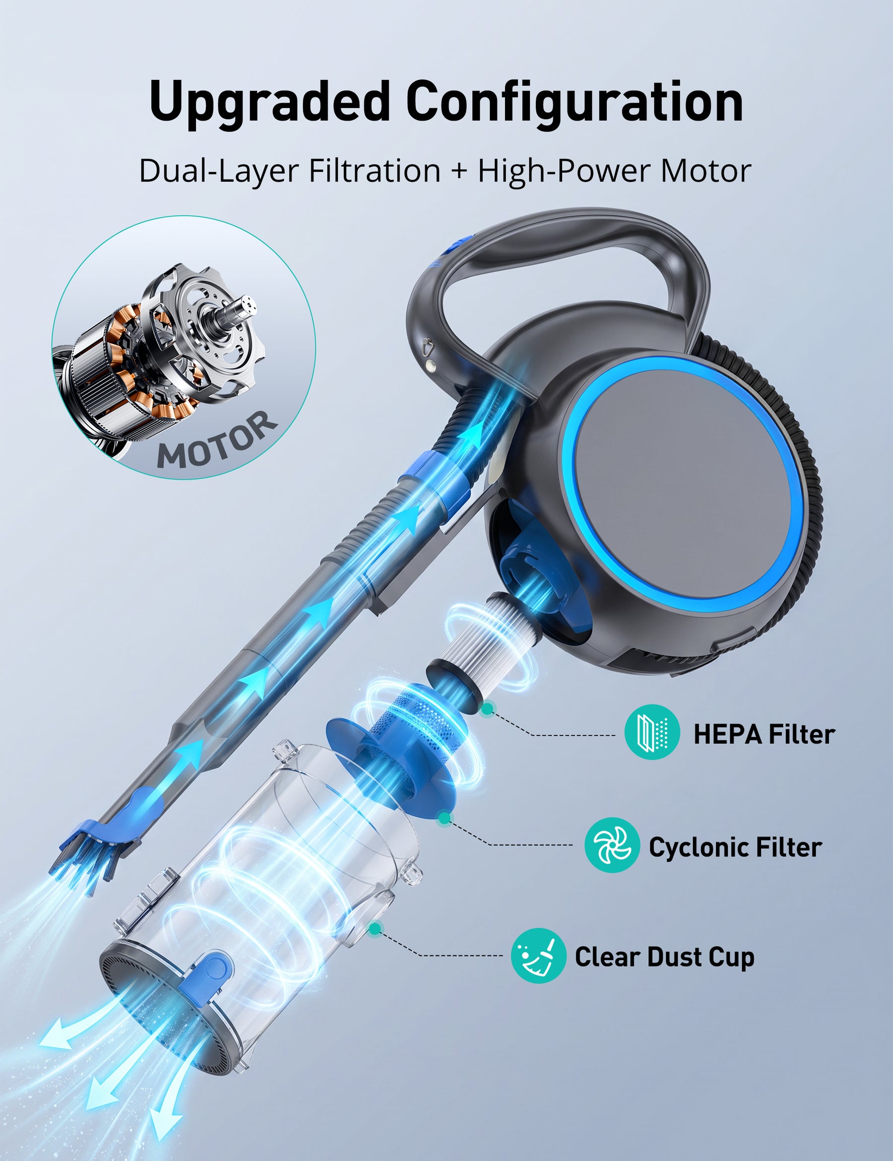 Aspiron CA054 Handheld Vacuum,Portable Vacuum with Crossbody Strap, 2 Suction,Easy Cleaning Design, Charging Base, 2.5FT Extended Hose & 2FT Rod, 600ML Dust Cup, HEPA Filter, for Home, Pet Hair, Car, Gap