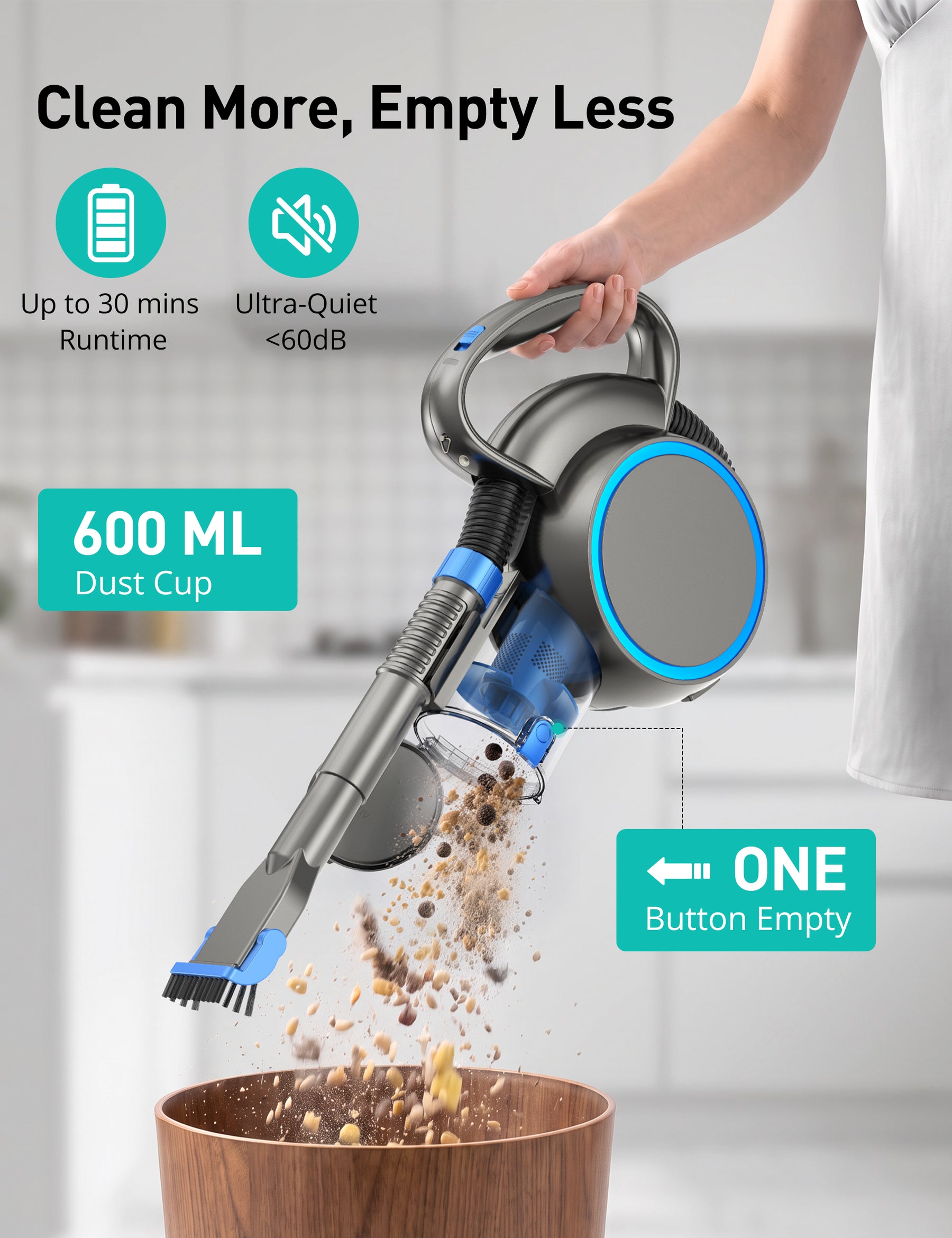 Aspiron CA054 Handheld Vacuum,Portable Vacuum with Crossbody Strap, 2 Suction,Easy Cleaning Design, Charging Base, 2.5FT Extended Hose & 2FT Rod, 600ML Dust Cup, HEPA Filter, for Home, Pet Hair, Car, Gap