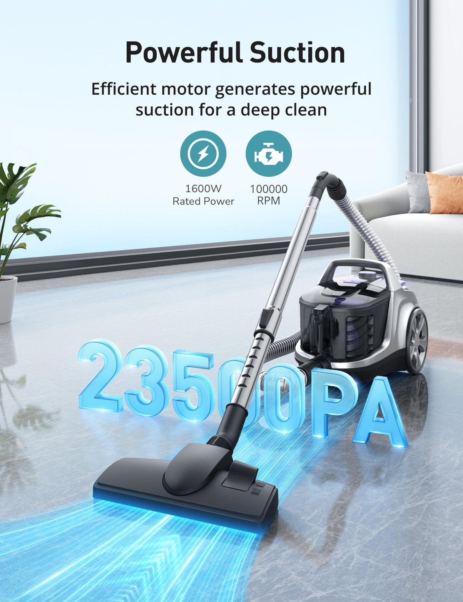 Aspiron Lightweight Bagless Vacuum Cleaner CA006, 3.7QT, 1600W, Purple