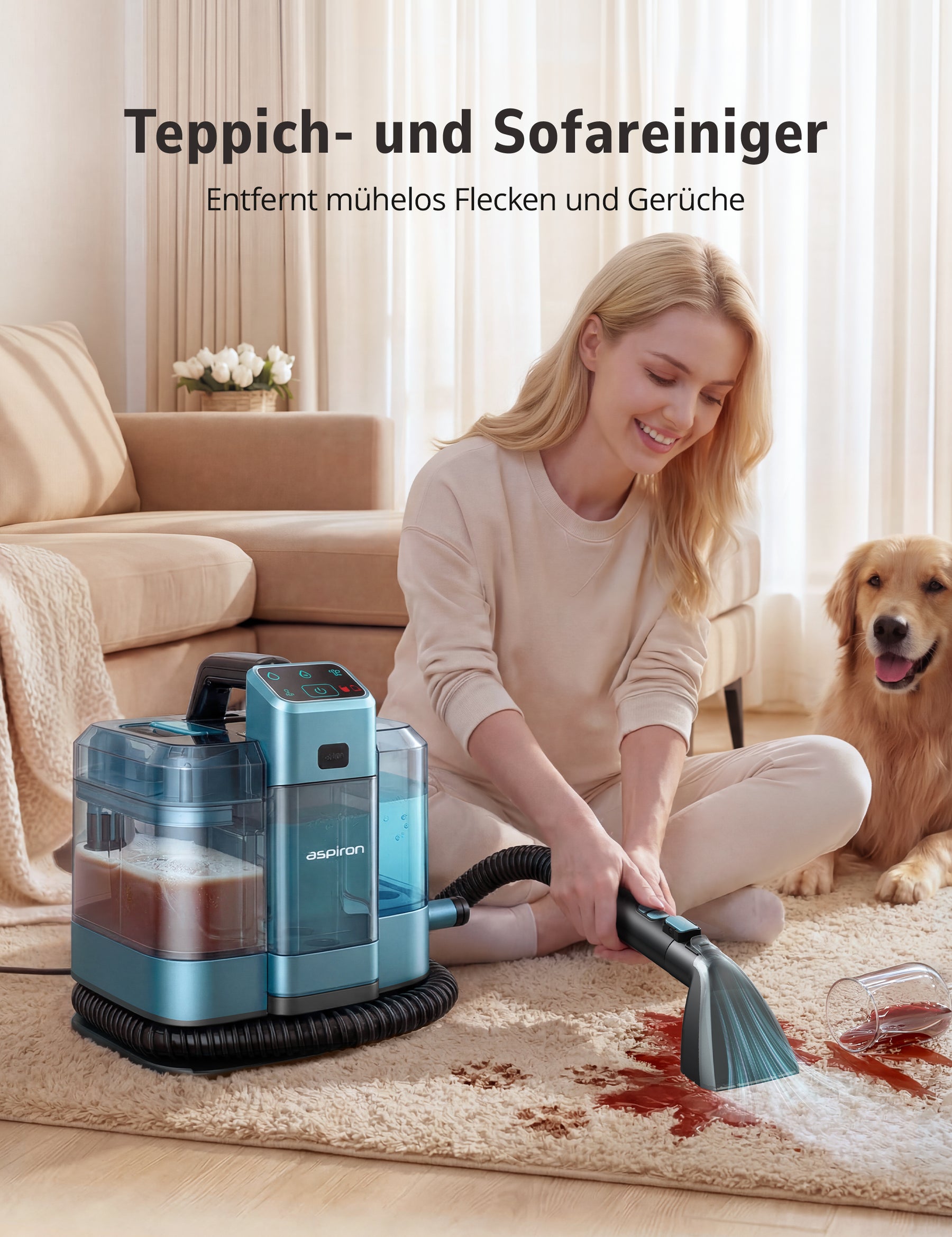 Aspiron AS-CA053 Polsterreiniger Gerät, 3-in-1 Dampfreiniger mit Heiß-/Kaltwasser- und Dampfwäsche, 300 ML Teppichreiniger, Nasssauger für Teppich Sofa Auto Matratze, Waschsauger für Haustierbesitzer Familien