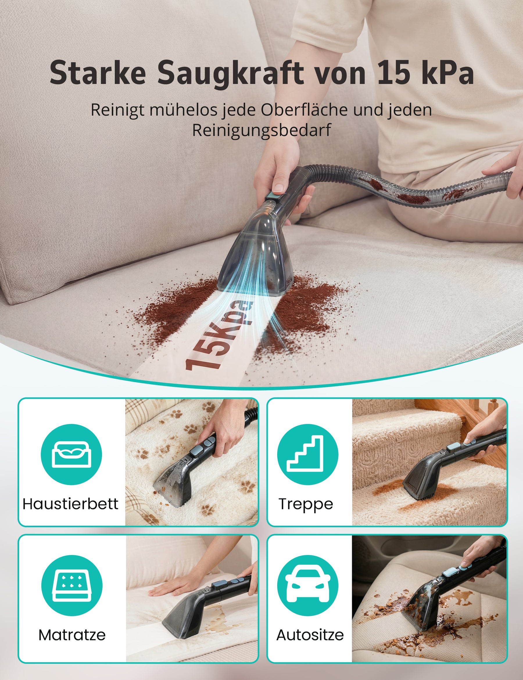 Aspiron AS-CA053 Polsterreiniger Gerät, 3-in-1 Dampfreiniger mit Heiß-/Kaltwasser- und Dampfwäsche, 300 ML Teppichreiniger, Nasssauger für Teppich Sofa Auto Matratze, Waschsauger für Haustierbesitzer Familien