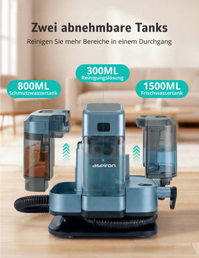 Aspiron AS-CA053 Polsterreiniger Gerät, 3-in-1 Dampfreiniger mit Heiß-/Kaltwasser- und Dampfwäsche, 300 ML Teppichreiniger, Nasssauger für Teppich Sofa Auto Matratze, Waschsauger für Haustierbesitzer Familien