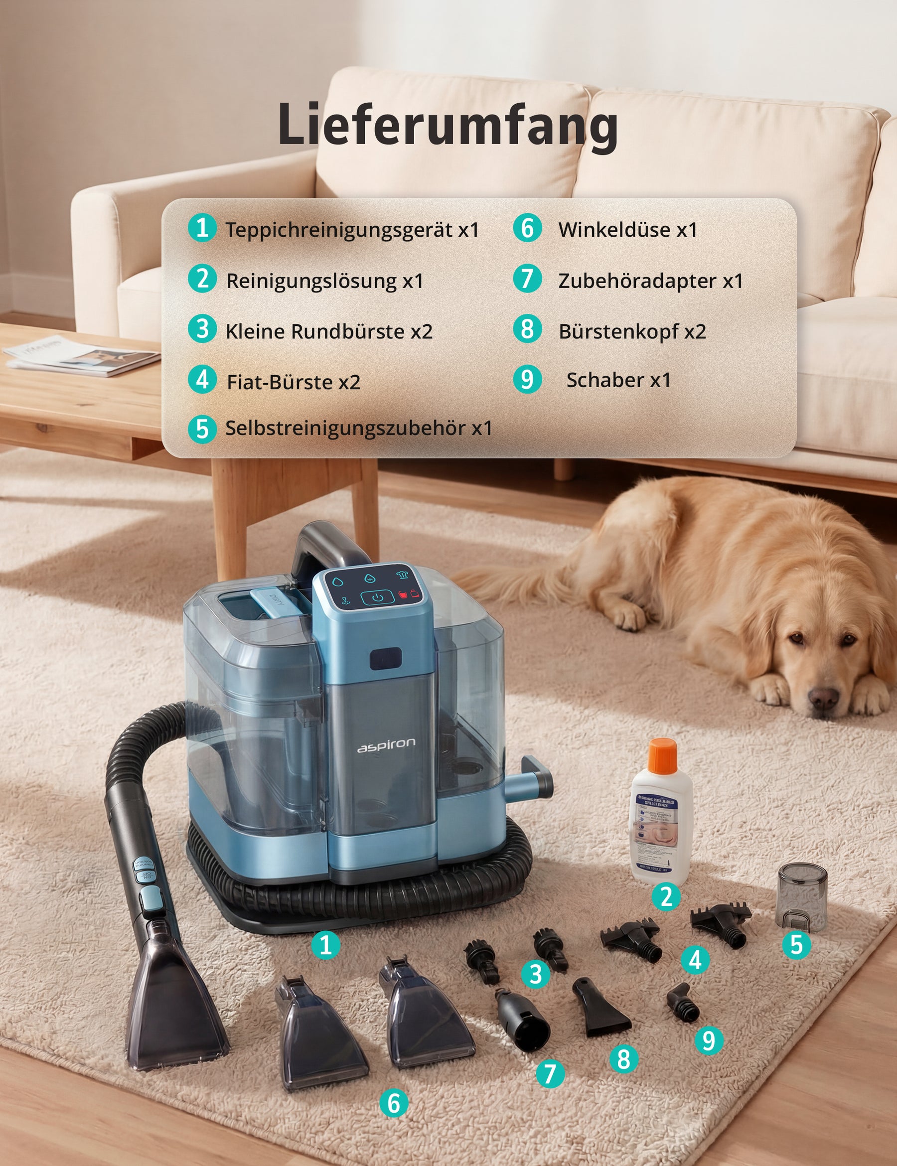 Aspiron AS-CA053 Polsterreiniger Gerät, 3-in-1 Dampfreiniger mit Heiß-/Kaltwasser- und Dampfwäsche, 300 ML Teppichreiniger, Nasssauger für Teppich Sofa Auto Matratze, Waschsauger für Haustierbesitzer Familien